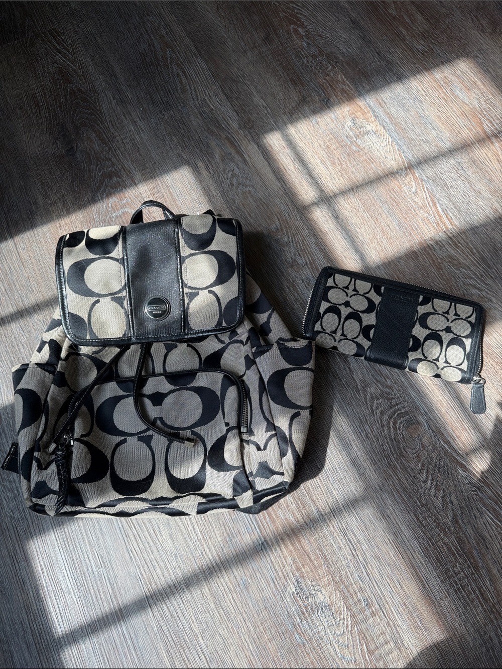 Coach Jacquard Signature Canvas Backpack & Wallet in Black and Beige